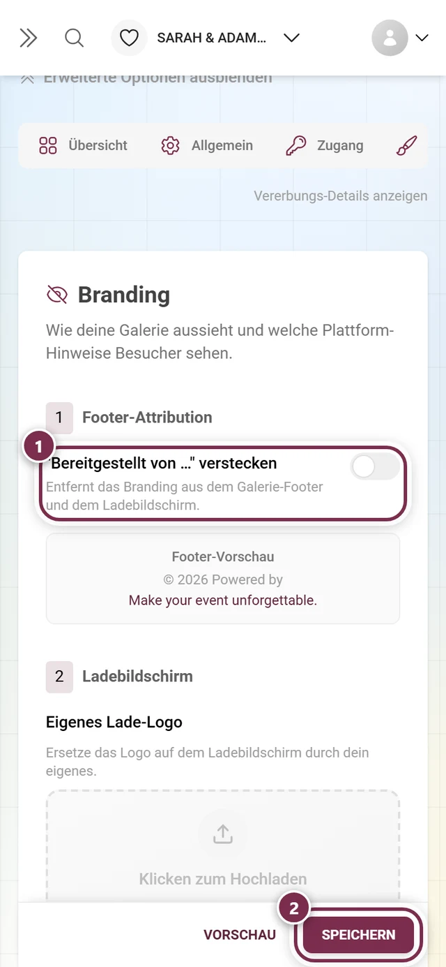 Abschnitt Footer-Attribution mit markiertem Schalter und markierter Speicherleiste