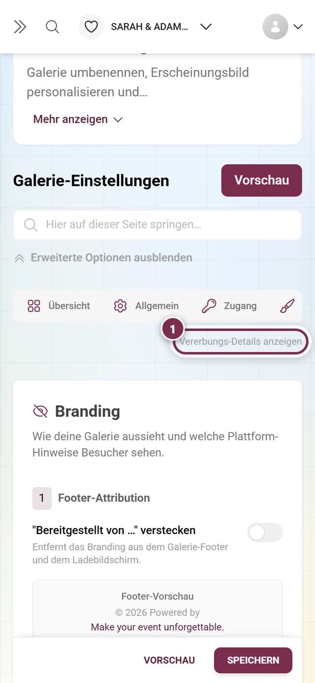White-Label-Reiter mit hervorgehobenem Schalter für Vererbungs-Details