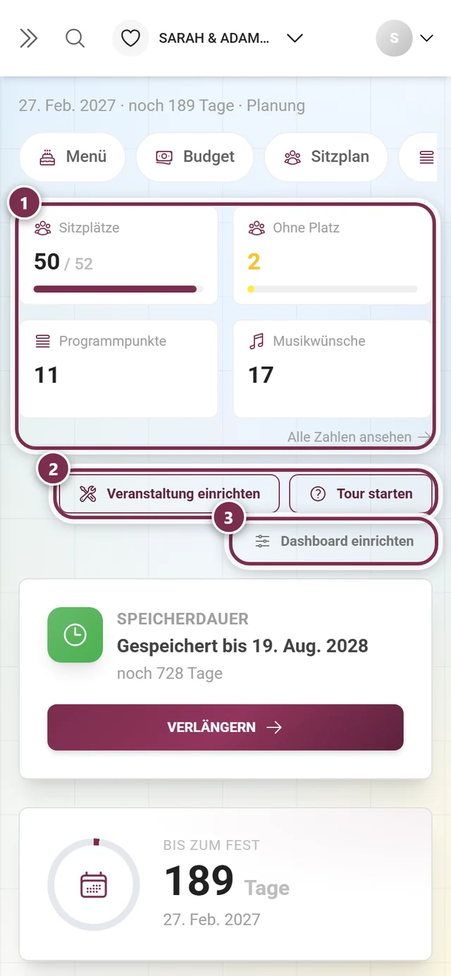 Admin-Dashboard mit den Knöpfen Veranstaltung einrichten, Tour starten und Dashboard einrichten sowie der Karte Nächste Schritte