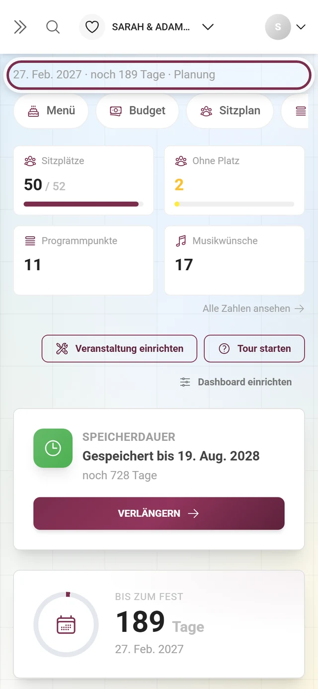 Kopfbereich des Dashboards mit Eventname und der Zeile aus Datum, Restlaufzeit und Phase