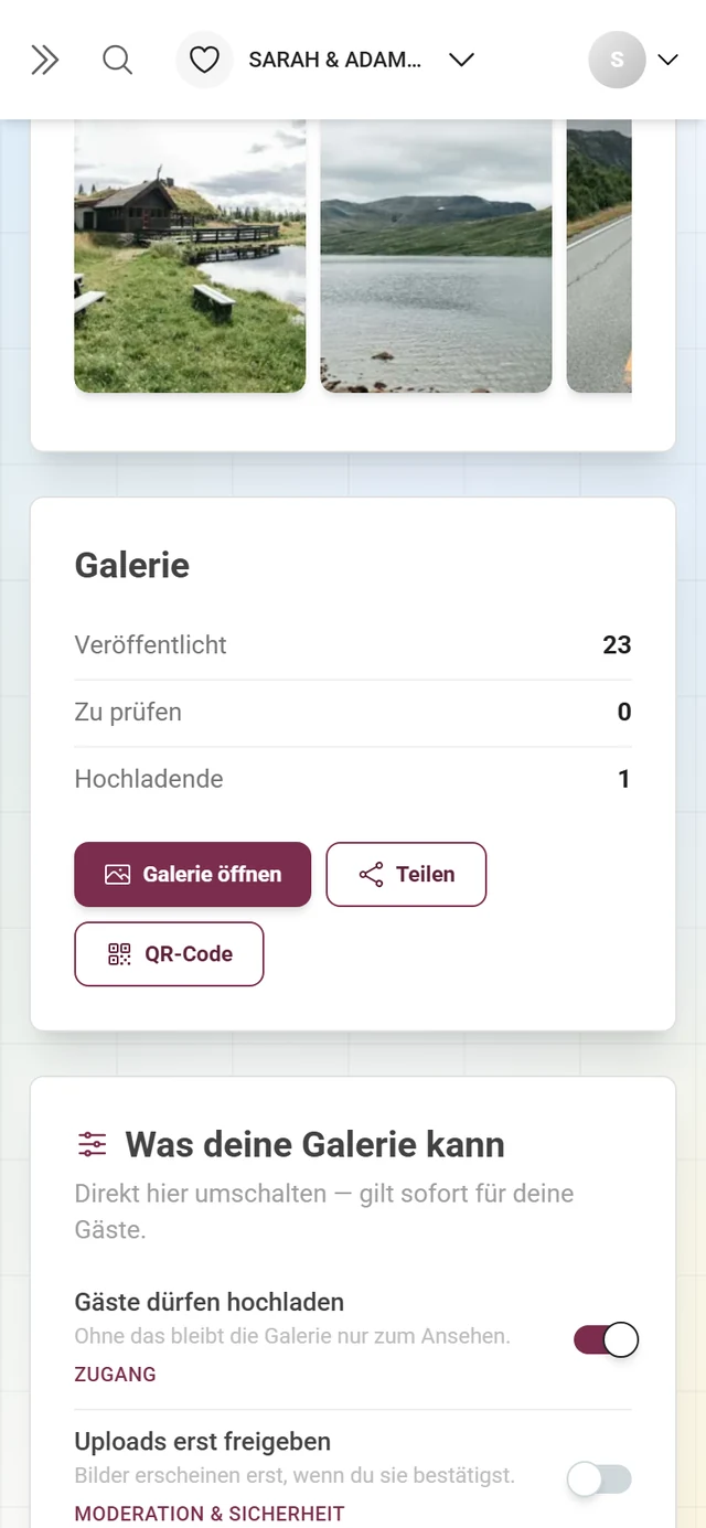 Die Karte „Galerie“ mit Zahlen und den Knöpfen Galerie öffnen, Teilen, QR-Code