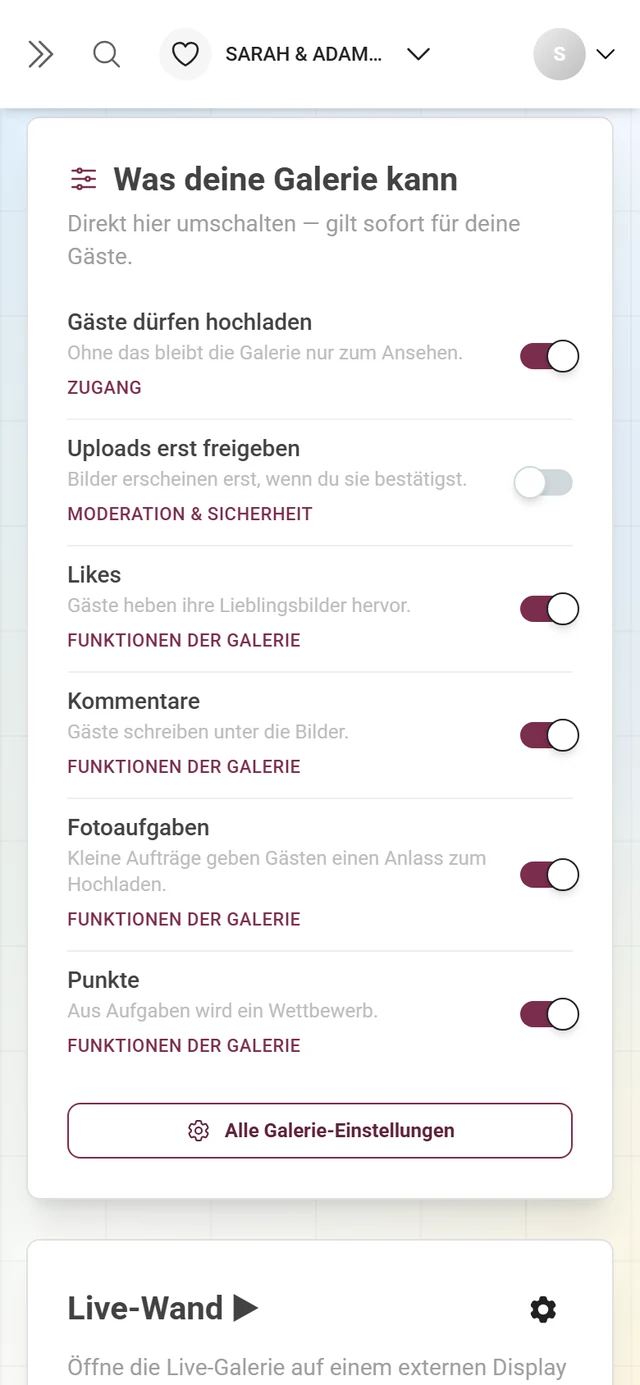 Die Karte Was deine Galerie kann mit sechs Schaltern