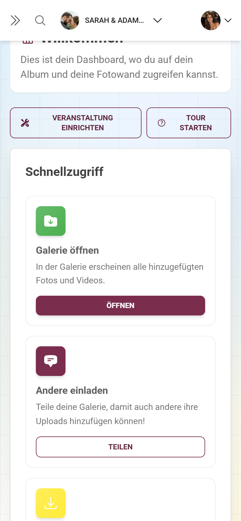 Die Karte „Quick Features“ mit den Schnellzugriff-Kacheln
