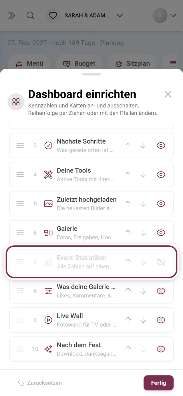 Dialog Dashboard einrichten mit der markierten Karte Event-Statistiken