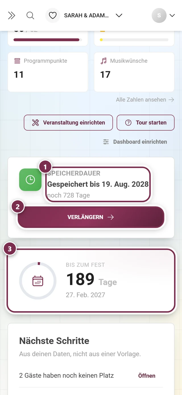Die Karten Speicherdauer und Countdown im Dashboard
