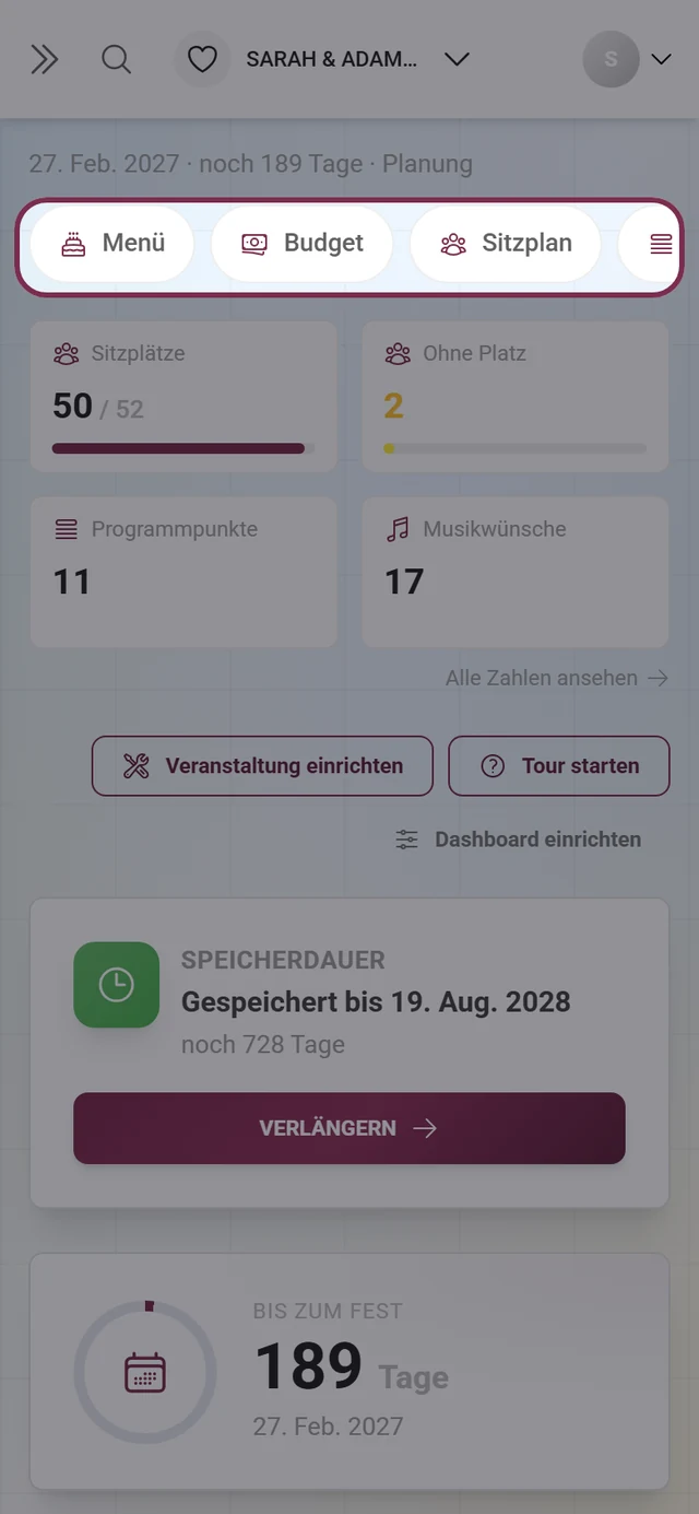 Waagerechte Pillenleiste der aktiven Tools auf dem Dashboard am Handy