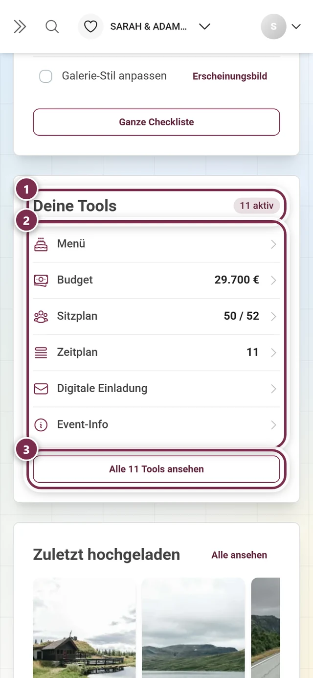 Dashboard-Karte Deine Tools mit aktiven Tools und ihren Zahlen