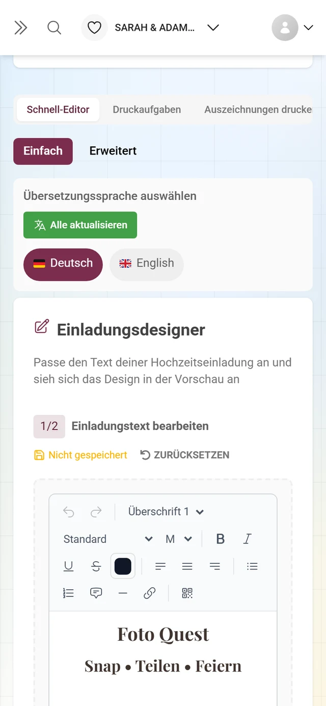 Schneller Vorlagen-Editor mit Toolbar zum Text hinzufügen und Gestalten der Einladung