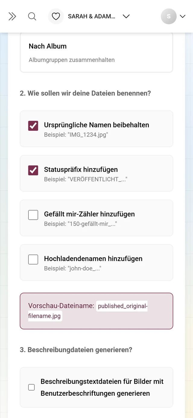 Schritt 2 des erweiterten Downloads mit den vier Namens-Häkchen und der Vorschau