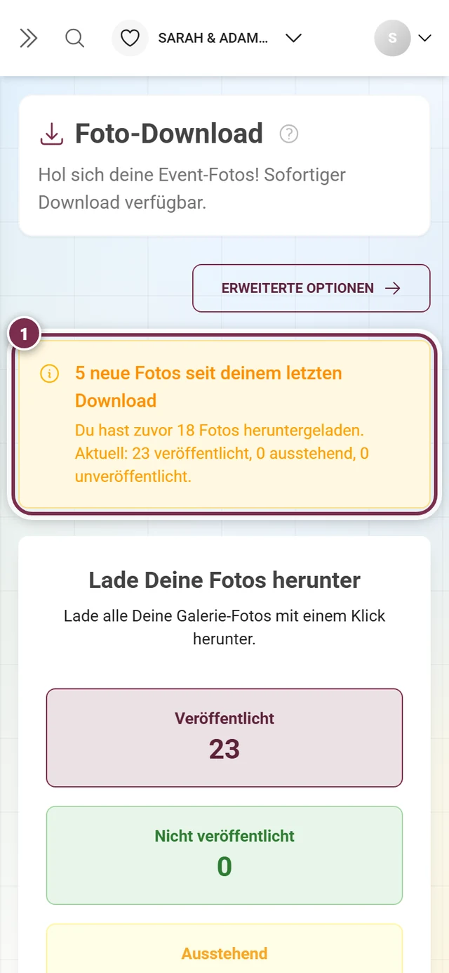 Gelbes Banner mit dem Hinweis auf neue Fotos seit dem letzten Download, markiert