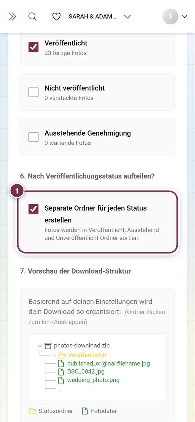 Schritt 6 mit dem Häkchen zur Status-Aufteilung und der Ordnerstruktur-Vorschau, markiert