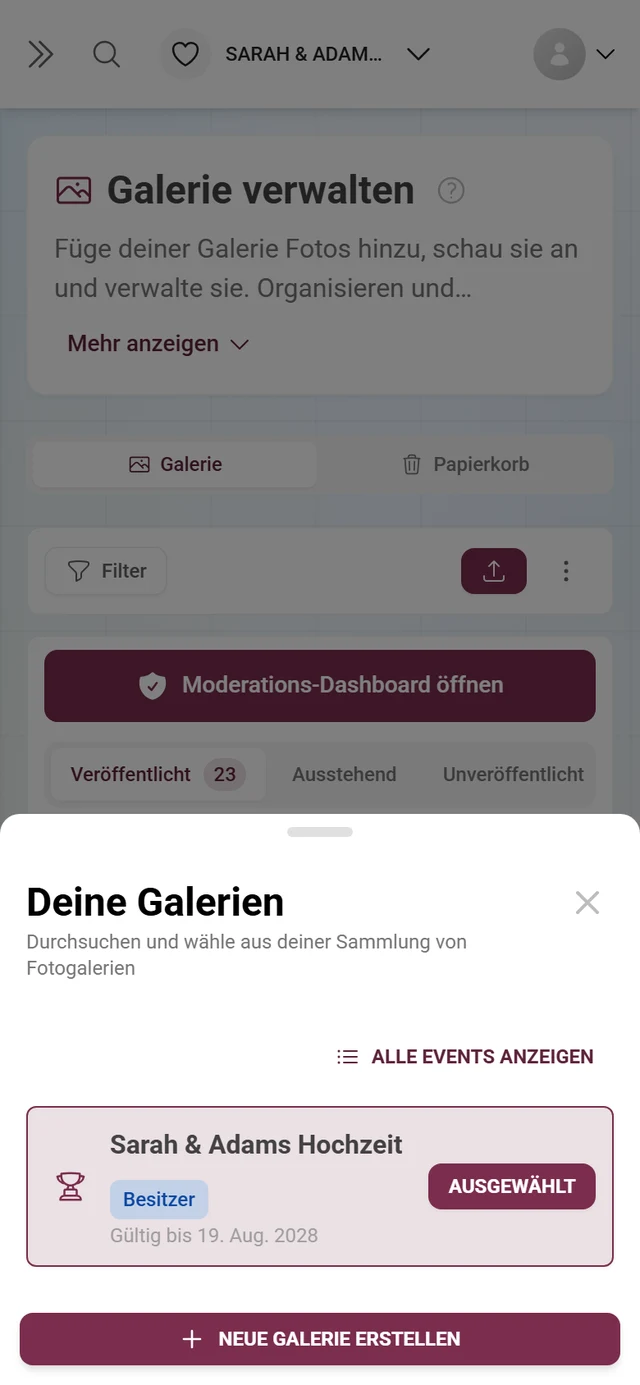 Dialog Deine Galerien mit einer Galerie, Rollen-Abzeichen Besitzer und dem Knopf Neue Galerie erstellen