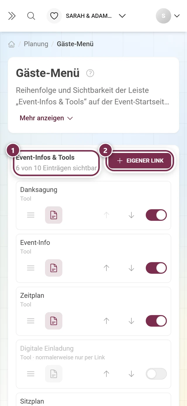 Editor für das Gäste-Menü mit Überschrift, Zähler, dem Knopf Eigener Link und der sortierbaren Liste