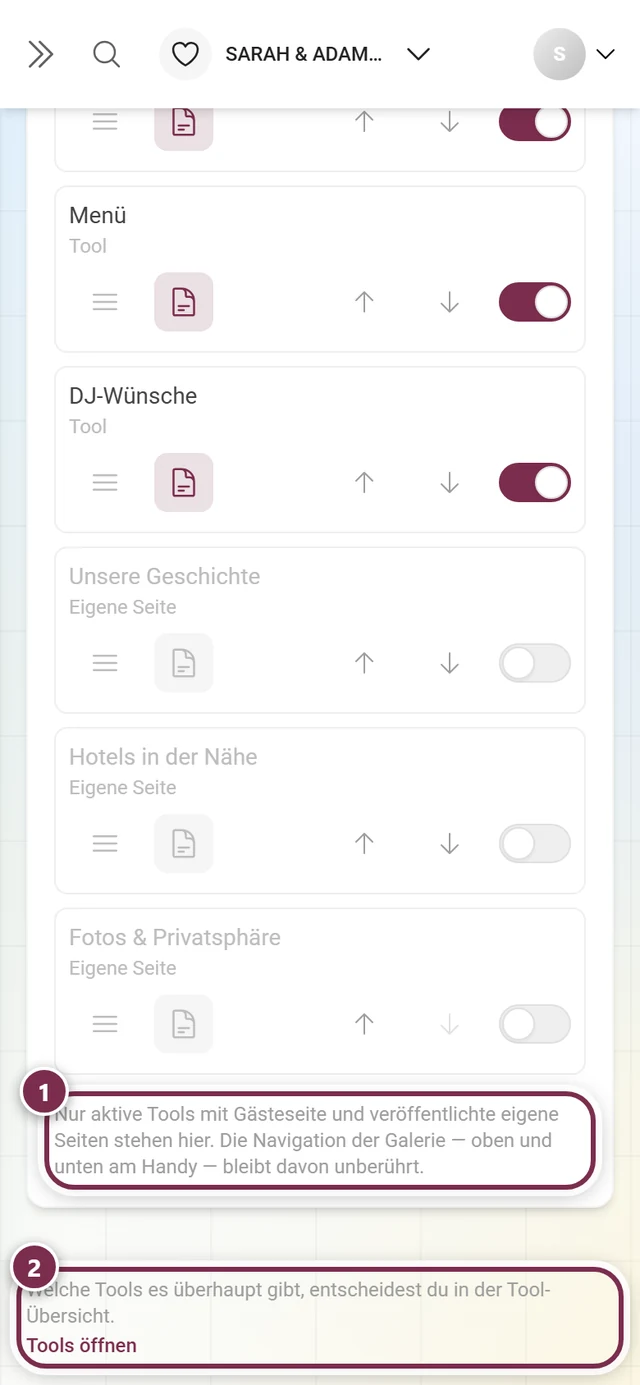 Fuß der Seite mit Fußnote unter der Liste und dem Querverweis in die Tool-Übersicht