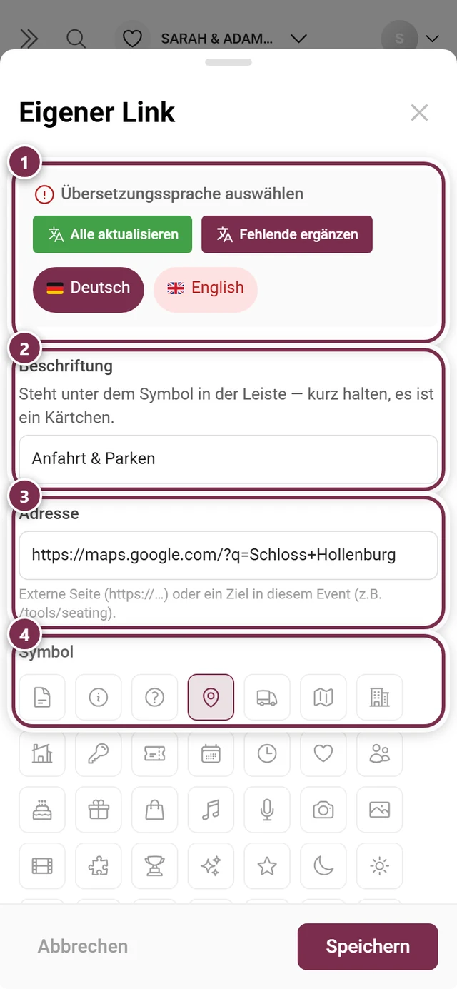 Dialog Eigener Link mit Übersetzungssprache, Beschriftung, Adresse und Symbolauswahl
