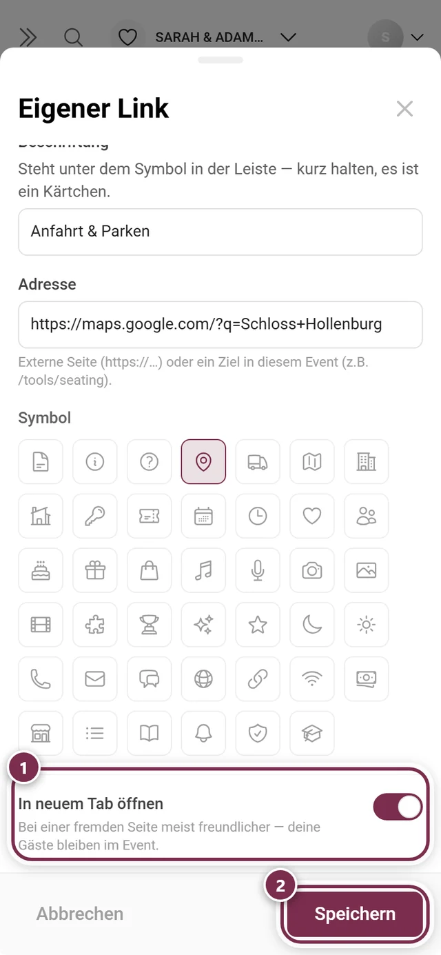 Unterer Teil des Dialogs mit dem vollständigen Symbolraster, dem Schalter In neuem Tab öffnen und dem Speichern-Knopf