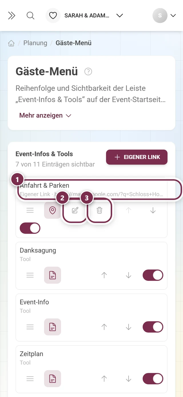 Zeile eines eigenen Links mit Adresse, Stift und Papierkorb