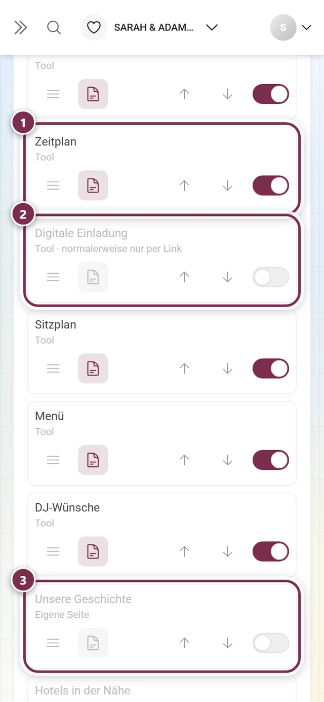 Drei Zeilen des Gäste-Menüs mit den Arten Tool, Tool nur per Link und Eigene Seite