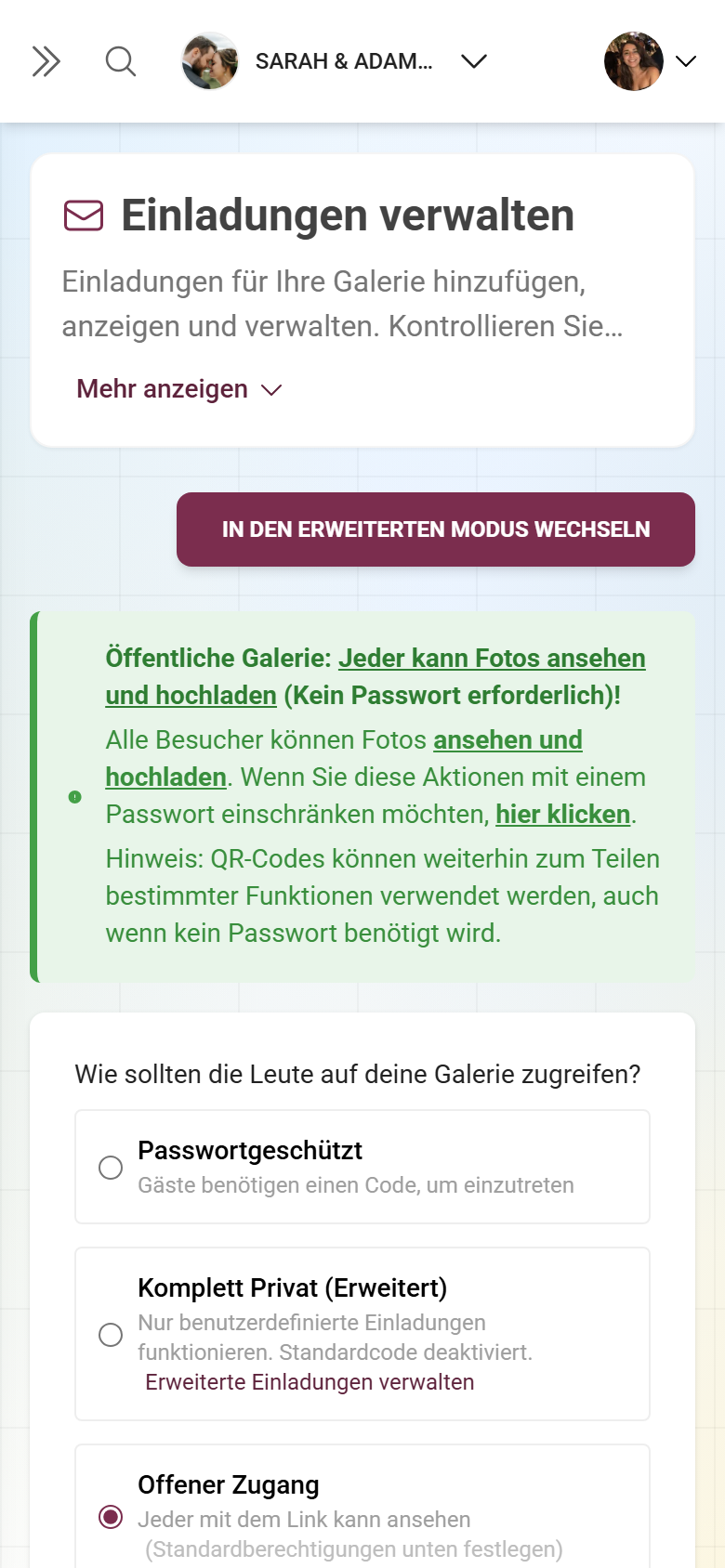 Seite „Manage Invitations“ im einfachen Modus mit Zugriffseinstellungen, Standard-Code und Teilen-Leiste