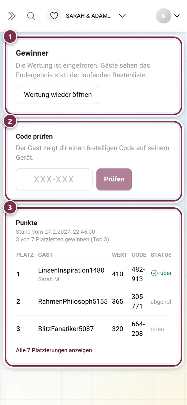 Gewinner-Seite mit dem Block Gewinner, dem Feld Code prüfen und der Wertungstabelle Punkte