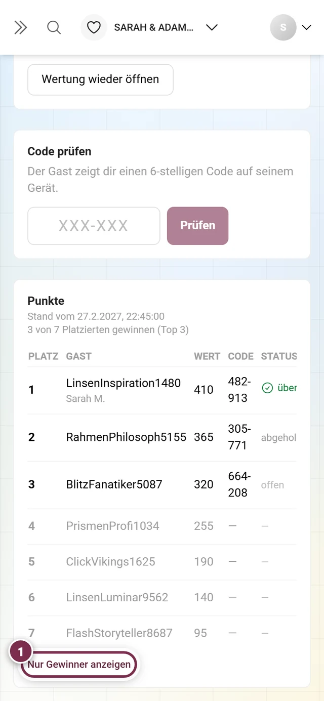 Gewinner-Tabelle mit allen sieben Platzierungen, die Plätze vier bis sieben ohne Code