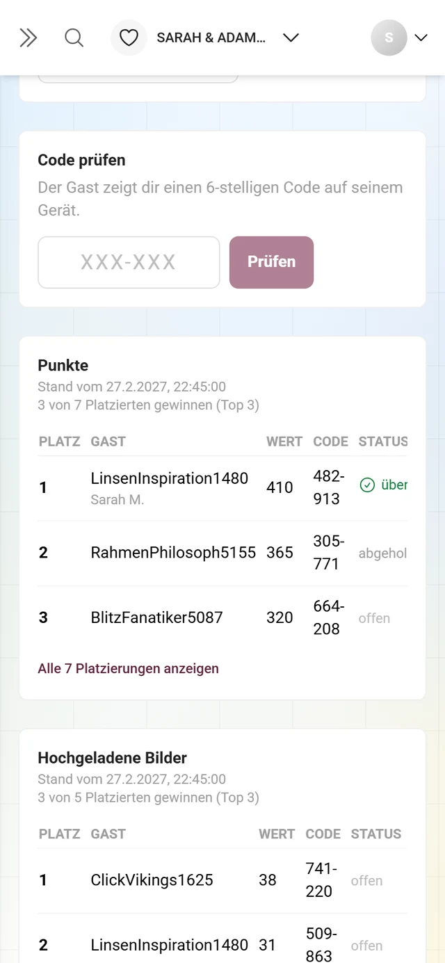 Zwei Tabellen untereinander, Punkte und Hochgeladene Bilder, jede mit eigenen Gewinnern