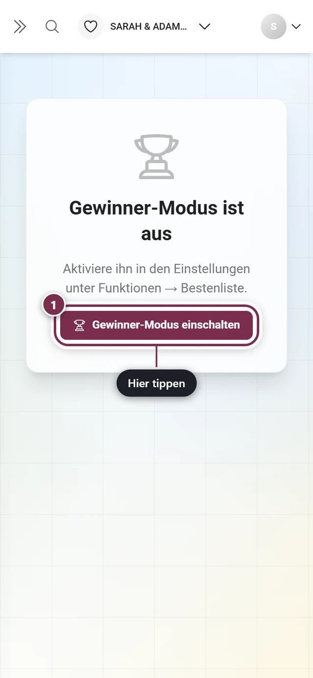Hinweis Gewinner-Modus ist aus mit dem Knopf Gewinner-Modus einschalten