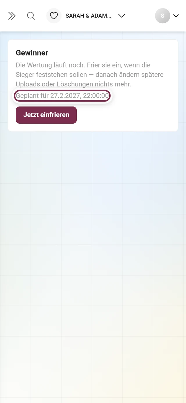 Die Zeile Geplant für mit Datum und Uhrzeit unter dem Knopf Jetzt einfrieren