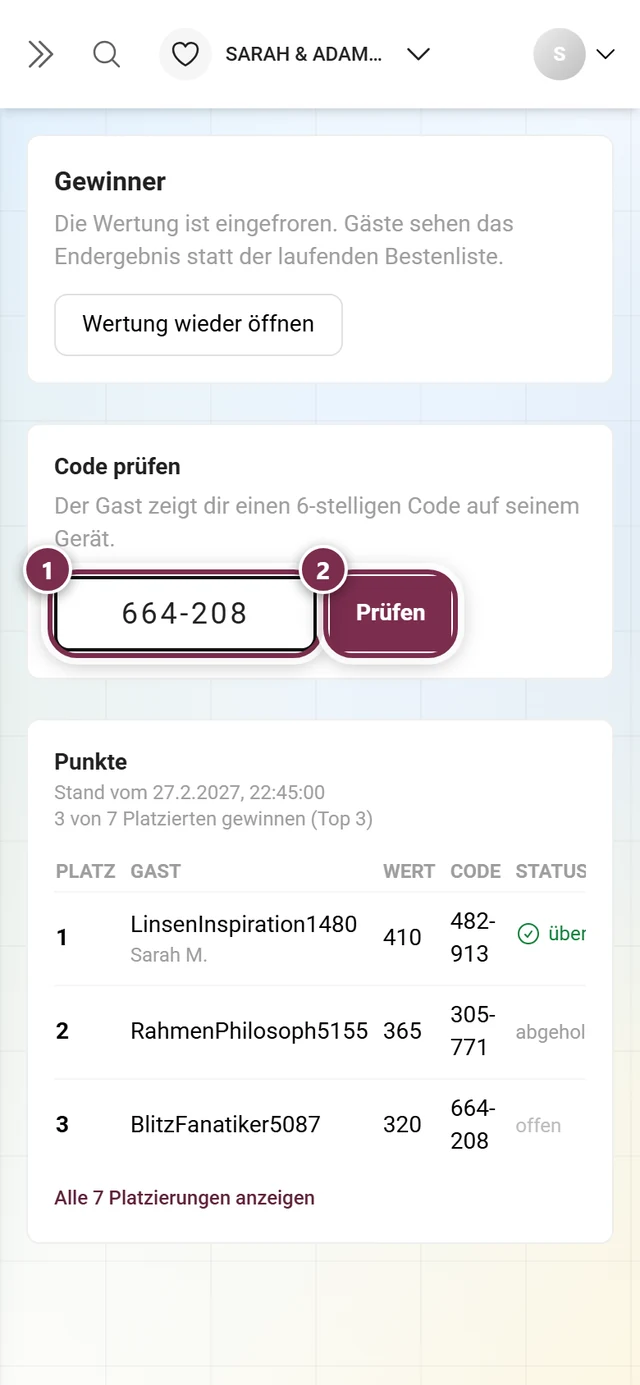 Das Feld Code prüfen mit dem eingetippten Code und dem Knopf Prüfen
