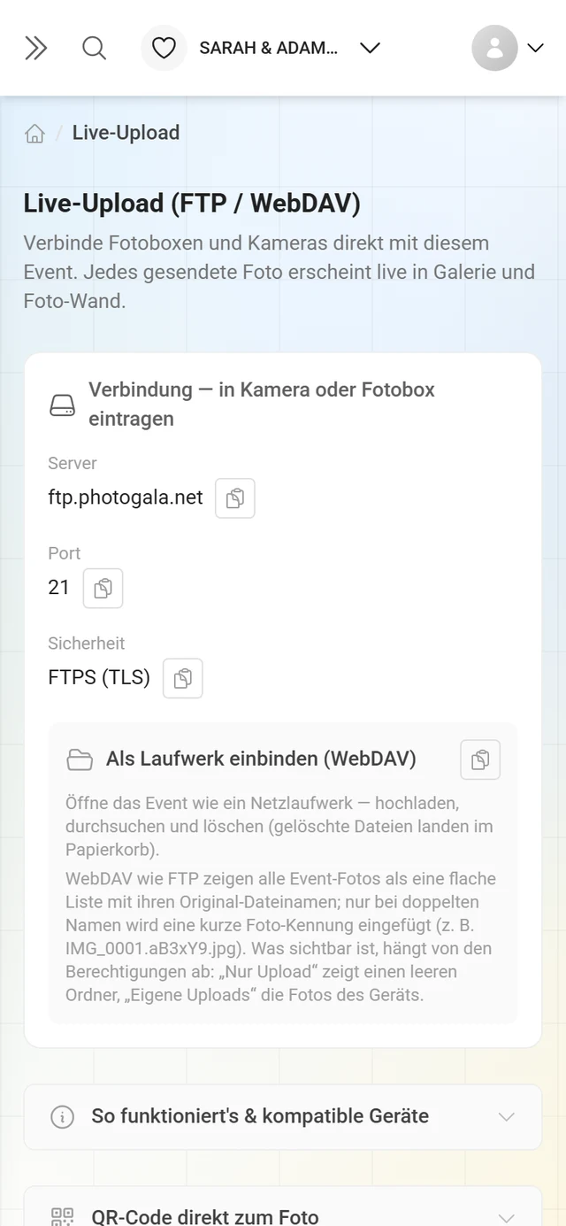 Live-Upload-Seite mit Verbindungskarte und Zugangsliste