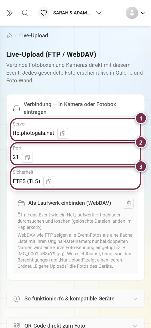 Verbindungskarte mit markierten Feldern Server, Port und Sicherheit