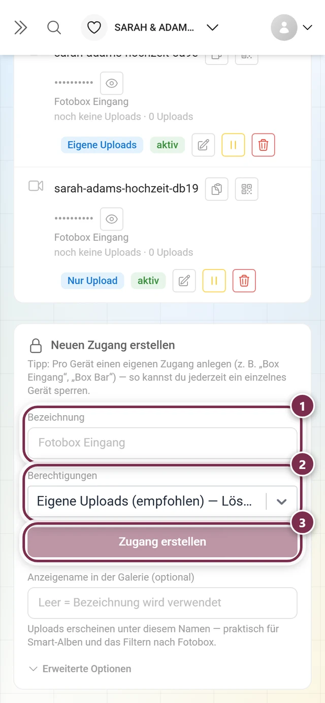 Formular Neuen Zugang erstellen mit markiertem Feld Bezeichnung, markierter Auswahl Berechtigungen und markiertem Knopf Zugang erstellen