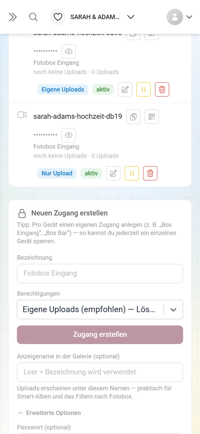 Formular für einen neuen Zugang mit aufgeklappten erweiterten Optionen