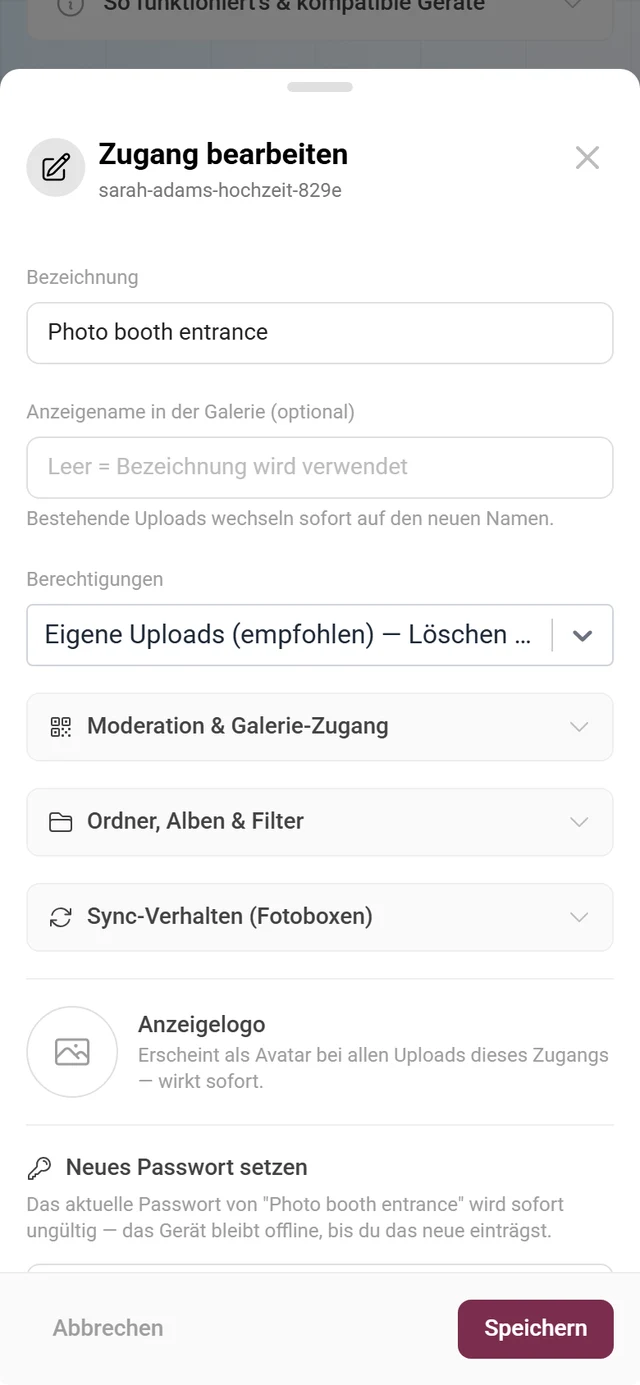 Dialog Zugang bearbeiten mit Bezeichnung, Anzeigename, Berechtigungen, den drei Options-Gruppen, Anzeigelogo und dem Abschnitt Neues Passwort setzen