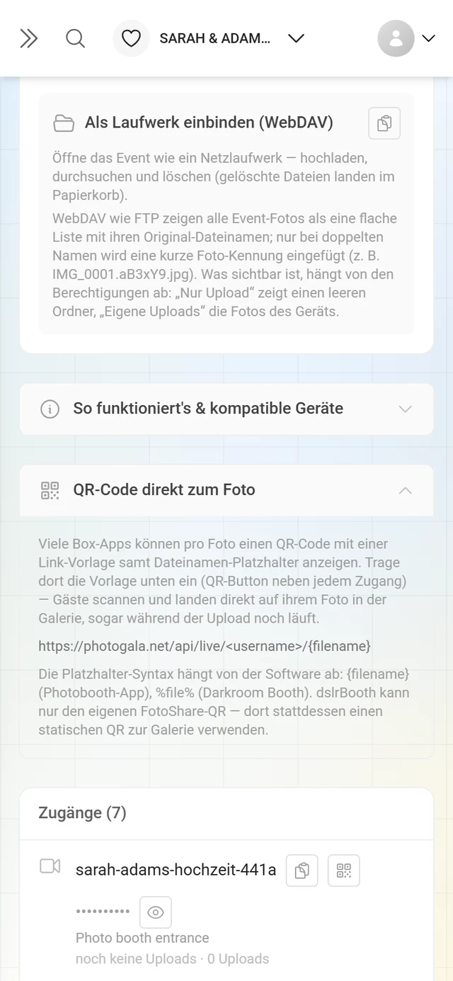 Aufgeklappter Bereich mit QR-Code zum zuletzt hochgeladenen Foto