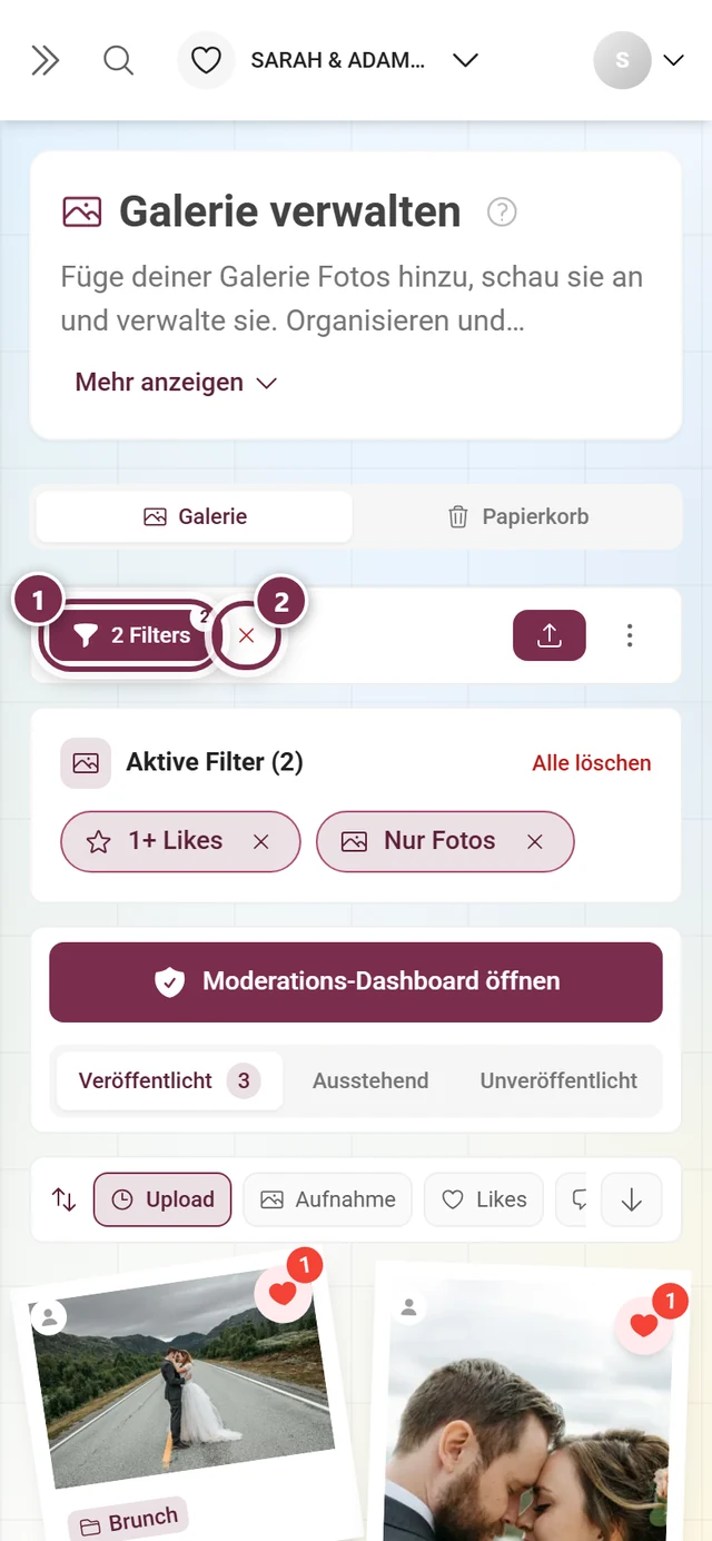 Aktionsleiste mit gefärbtem Filter-Knopf samt Anzahl und dem roten X daneben