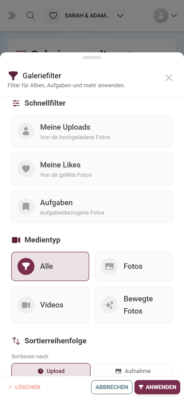 Dialog Galeriefilter mit Schnellfiltern, Medientyp, Sortierreihenfolge und Alben