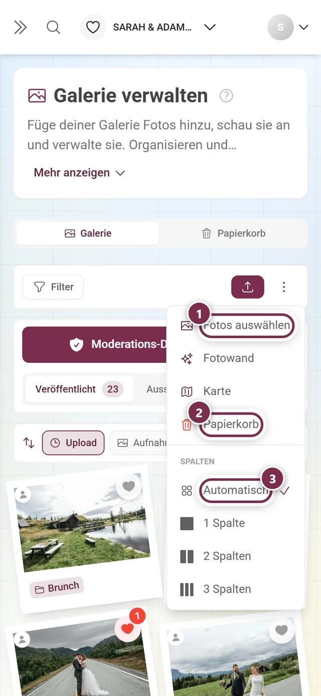 Geöffnetes Dreipunkt-Menü am Handy mit Fotos auswählen, Fotowand, Karte, Papierkorb und der Größenauswahl