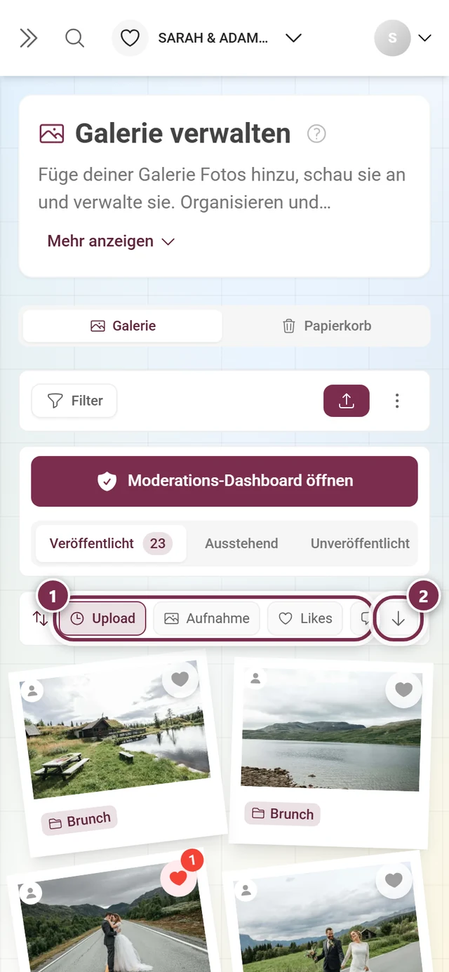 Die Sortierleiste mit markierten Kriterien und markiertem Richtungsknopf