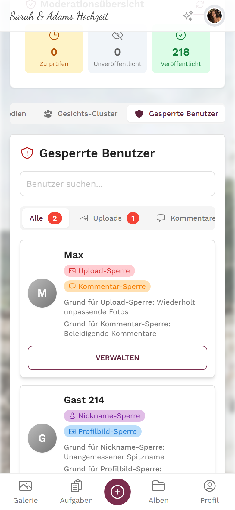 Reiter Gesperrte Benutzer mit Filtern und Nutzerkarten