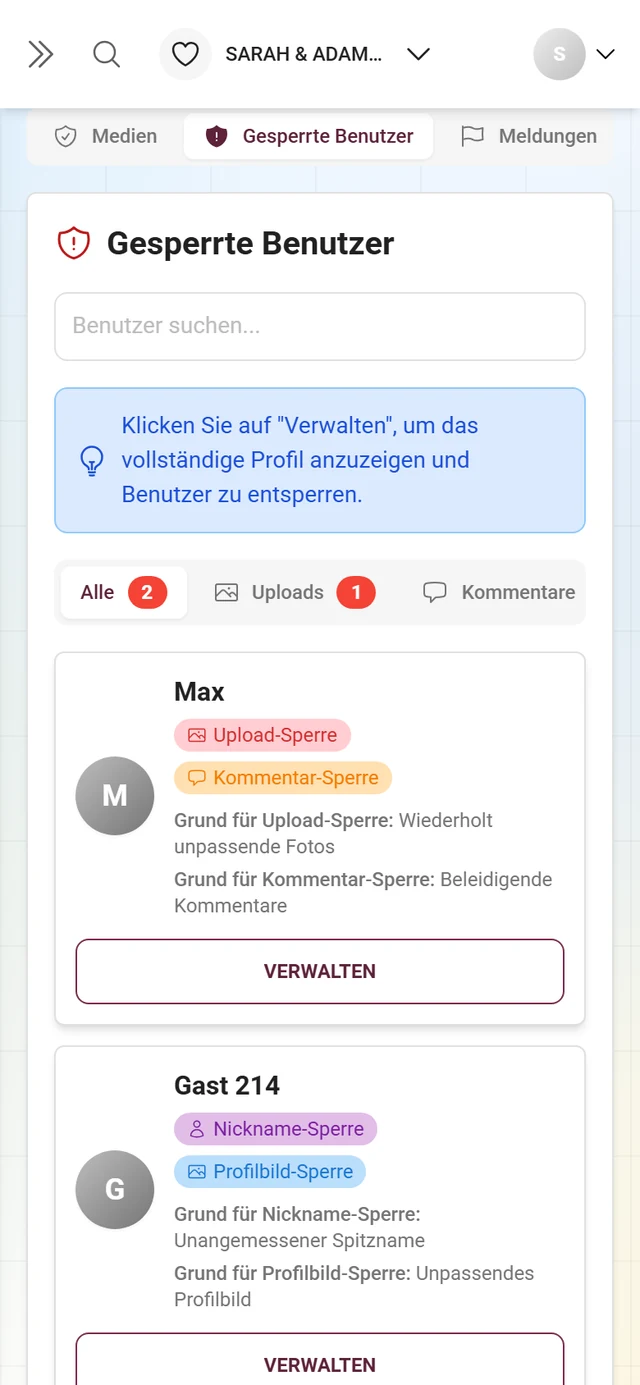 Reiter Gesperrte Benutzer mit Unter-Reitern und den gesperrten Personen samt Sperr-Badges