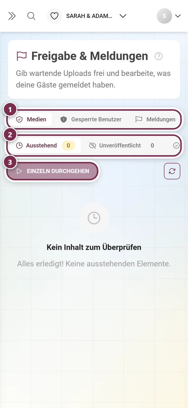 Seite Freigabe und Meldungen im Admin-Bereich mit den Reitern Medien, Gesperrte Benutzer und Meldungen