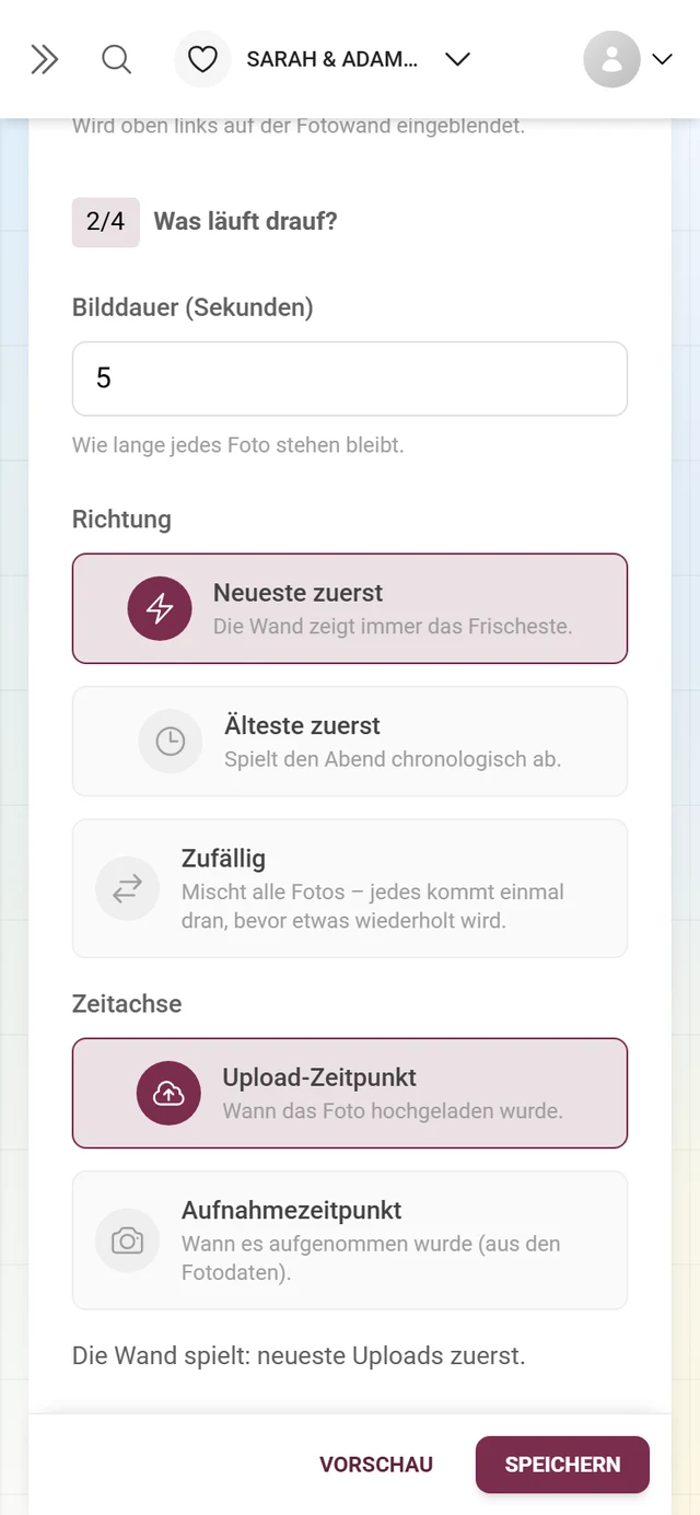 Abschnitt 2/4 Was läuft drauf mit Bilddauer, Richtung und Zeitachse