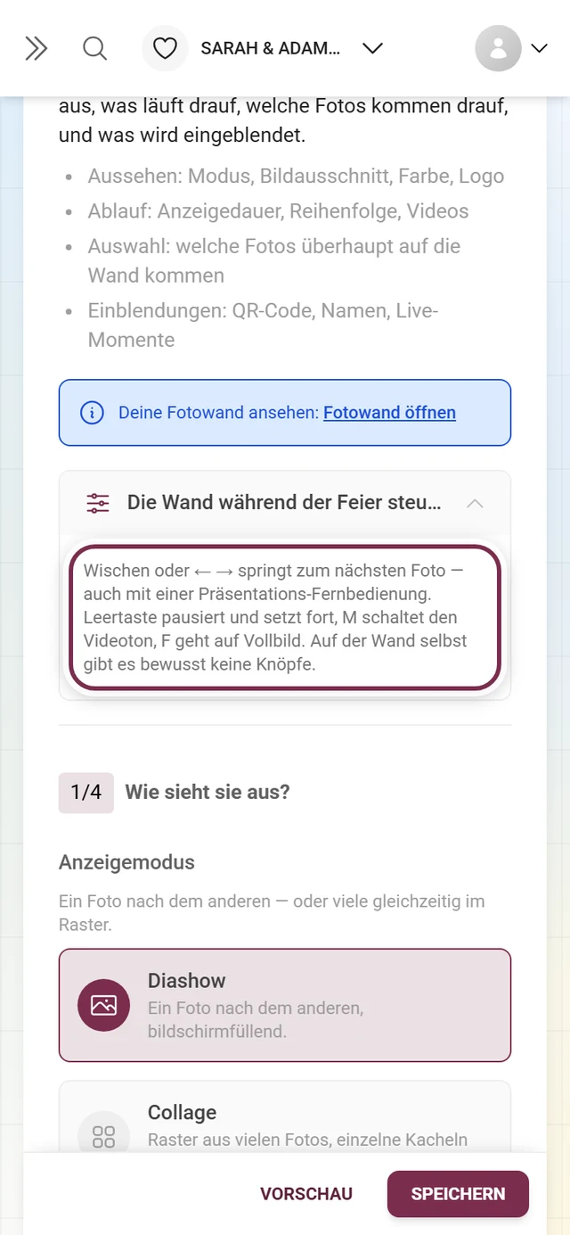 Aufgeklappter Abschnitt Die Wand während der Feier steuern mit den Tastenbelegungen