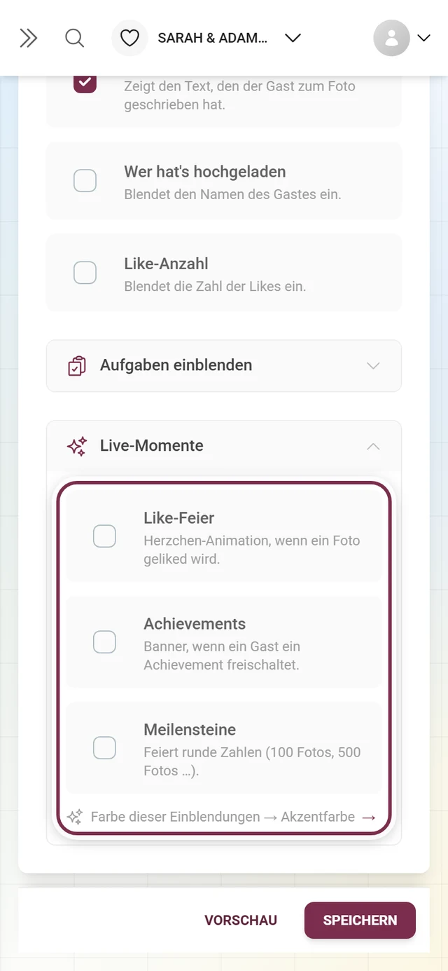 Aufgeklappter Abschnitt Live-Momente mit den Schaltern Like-Feier, Achievements und Meilensteine