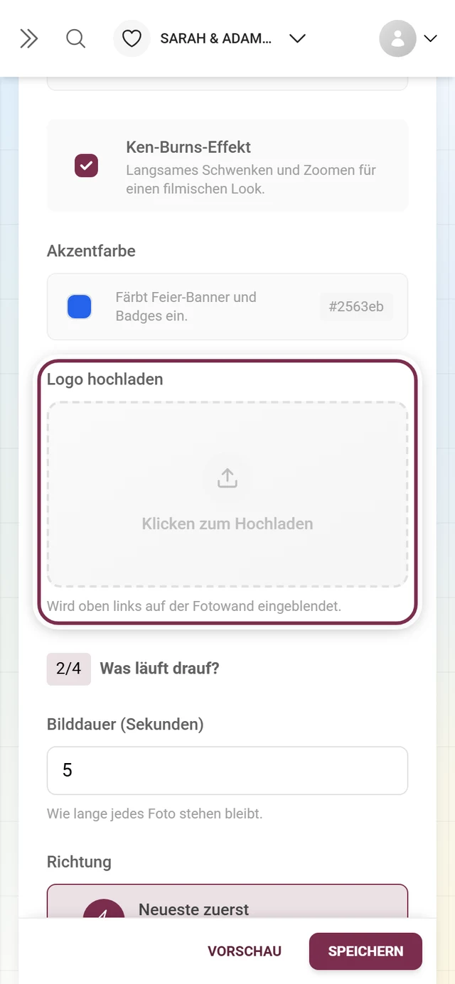 Upload-Feld für das Fotowand-Logo in Frage 1 der Fotowand-Einstellungen