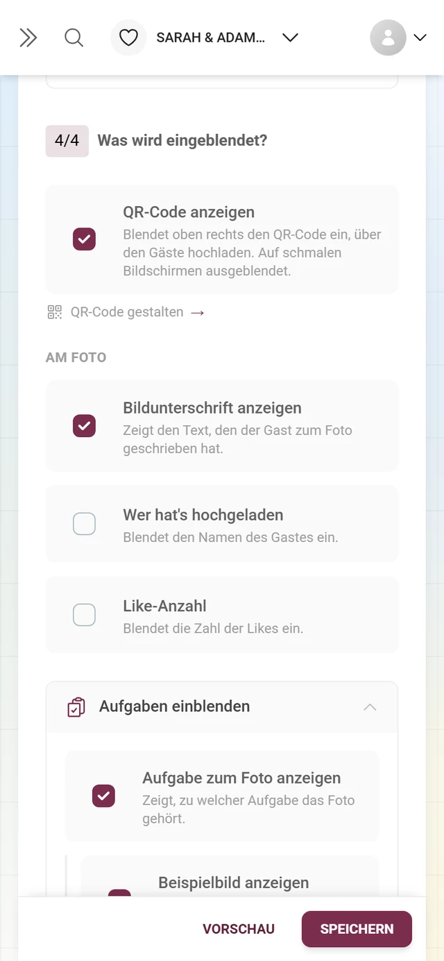 Abschnitt 4/4 Was wird eingeblendet mit QR-Code und den Schaltern am Foto