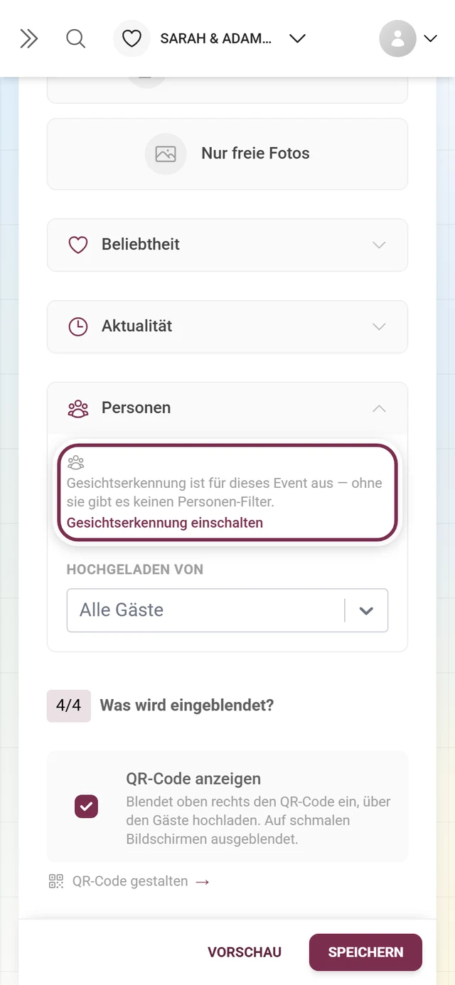 Abschnitt Personen im Fotowand-Reiter mit dem Personenfilter beziehungsweise dem Hinweis zur Gesichtserkennung