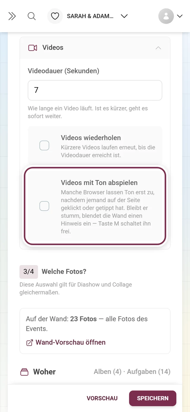 Aufgeklappter Abschnitt Videos mit dem markierten Schalter Videos mit Ton abspielen
