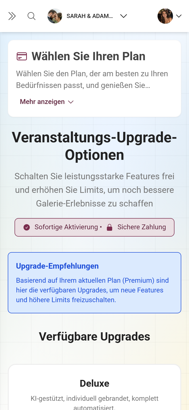 Paket-Bereich mit aktuellem Plan, Upgrade-Karten und Zusatzoptionen
